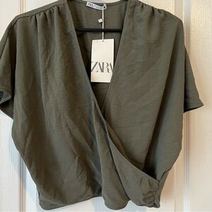 ZARA Olive Green Wrap Front Blouse | NWT | Size Large
